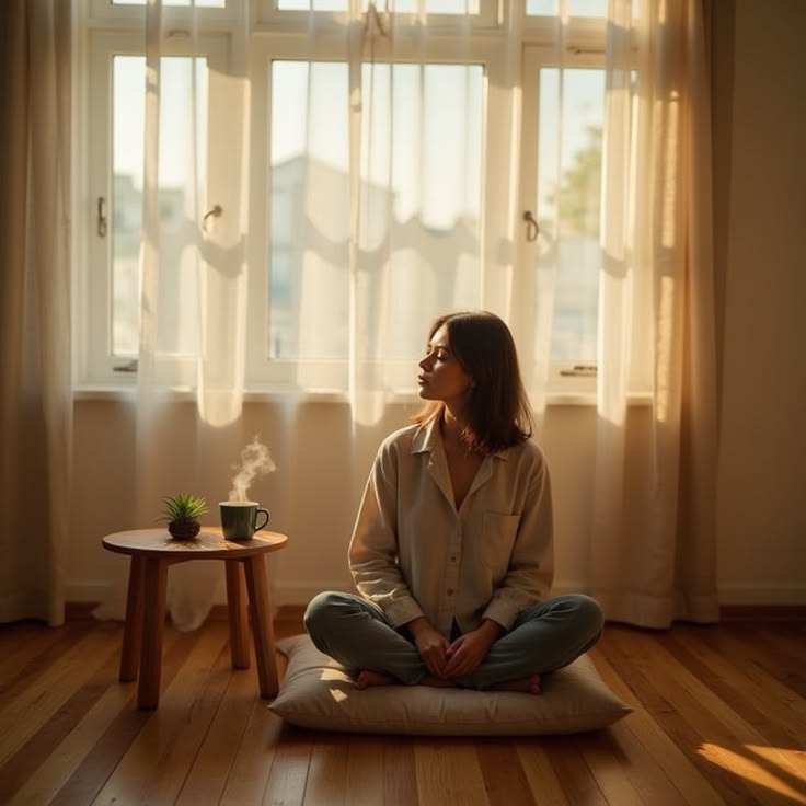 Abstract workspace scene illustrating a mid-day breathing pause routine